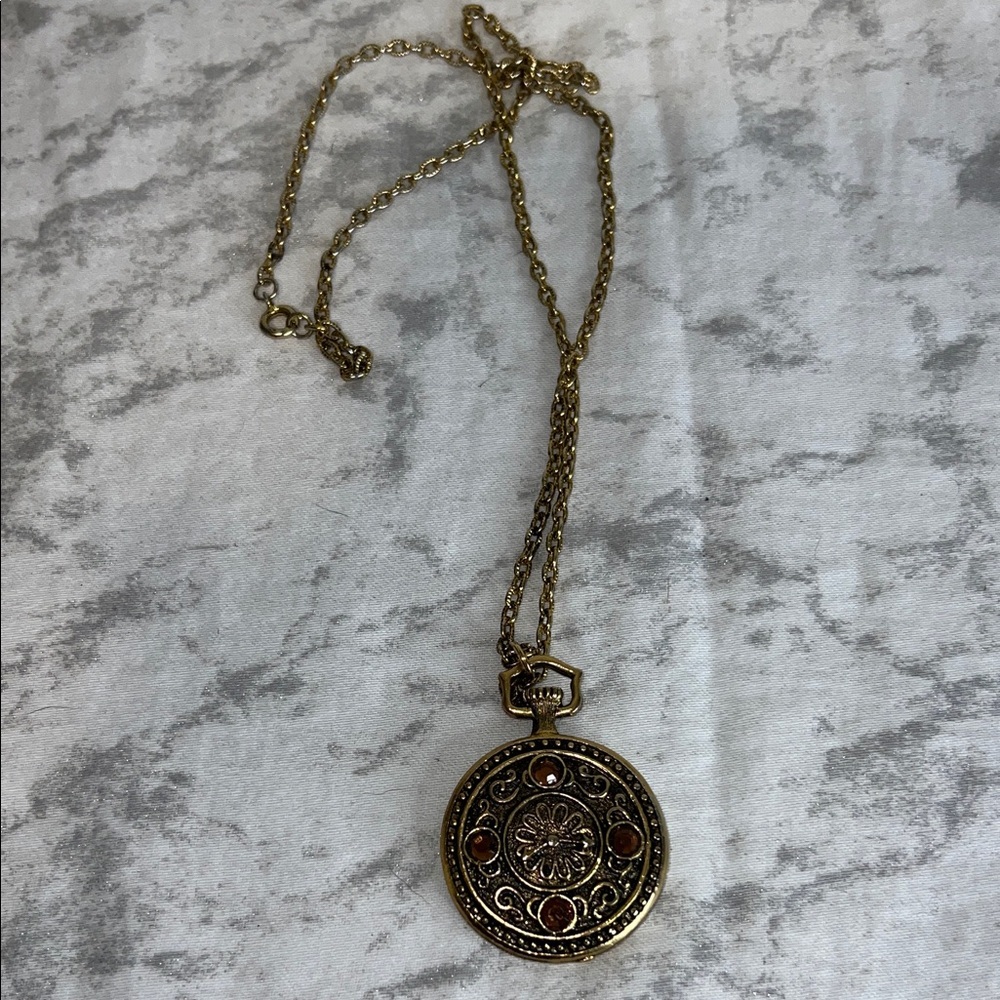 Vintage Mary Chess Gold Mirror Pendant Gold Tone Topaz Crystal Necklace